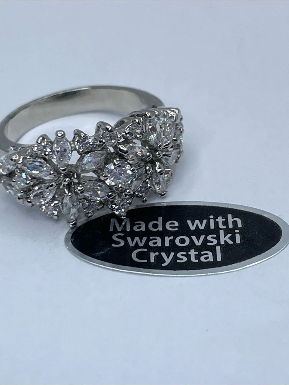 Swarovski Crystal Elements Diamond White Floral Art Deco Ring Silver Sz 7
